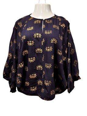 Asha Lotus Foil Print Blouse, Navy Gold, M